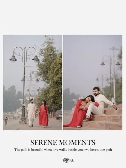 A diptych capturing serene moments of a couple in traditional red and cream outfits walking and resting by the ghats.