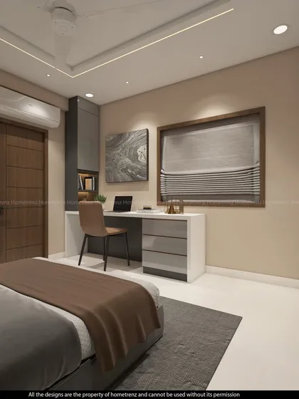 A view of the guest bedroom from the bed, showing the clean lines of the study unit and the simple, elegant door design.