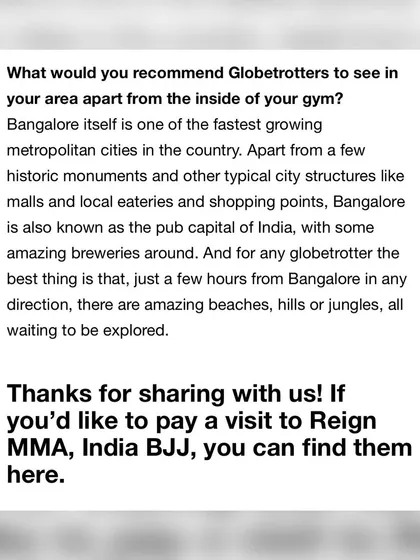 A duplicate of our BJJ Globetrotters feature, welcoming travelers to come and train with us in Bangalore.