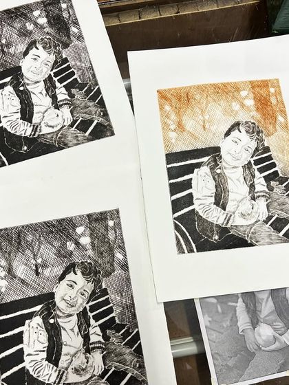 From photo to print. This series shows the transformation of a photograph into a detailed drypoint etching, resulting in beautiful, artistic prints.