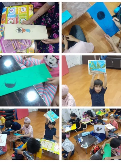 A collage from our calligraphy and art session. It shows students practicing their letters and others working on colorful drawings.