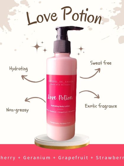 My Love Potion body lotion is a perfect balance of light hydration and an alluring scent of cherry, geranium, grapefruit, and strawberry.