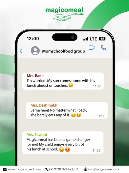We understand the concerns parents have about their children's meals. This graphic, designed like a chat, shows how we provide a solution that makes kids happy and gives parents peace of mind.