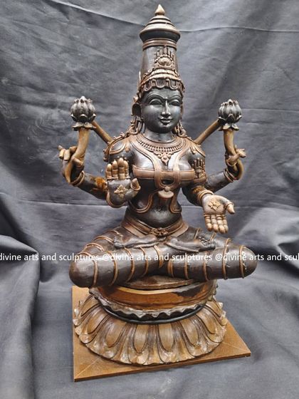 A full view of the Mahalakshmi wax model, seated on a lotus base. This is the final form the client approves before we begin the ancient lost-wax casting process.