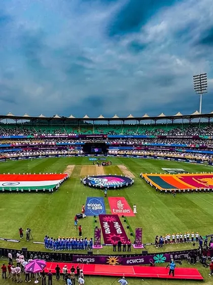 A wide shot of the pre-ceremony setup for the ICC Women's World Cup, showcasing the massive on-field flag display. We managed all logistical aspects, including the national anthem ceremony and walkout elements.