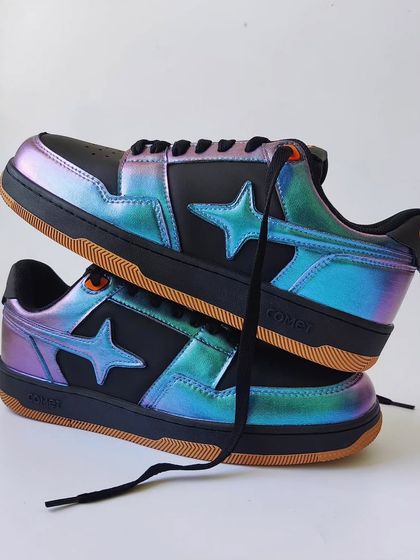 A stacked view of the intergalactic Comet sneakers. The photos don't do the pigment justice, it's stunning in person.