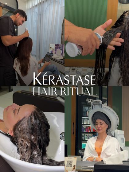 A behind-the-scenes look at our luxe Kérastase Hair Ritual. The process includes a personalized diagnosis, a deep cleansing wash, application of a concentrated treatment, and a relaxing steam to help the products penetrate deeply.