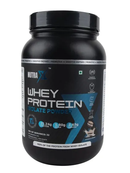 A clean shot of whey protein isolate in Cookies & Cream flavor.