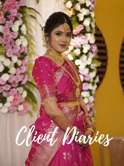 Client Diaries: A beautiful client looking elegant in a traditional pink silk saree and temple jewellery for her special occasion.