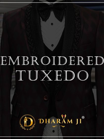 A promotional graphic for the maroon and black diamond-patterned tuxedo, labeling it as a standout "Embroidered Tuxedo."