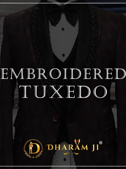 A graphic for my embroidered tuxedo collection, featuring a burgundy and black diamond-patterned design.