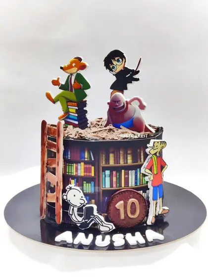 This cake is for an avid book reader, featuring characters from five different books. It's a great example of a personalized theme cake that celebrates a child's interests.