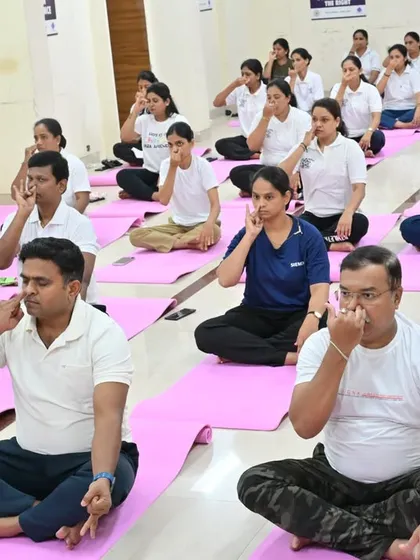 Officers practicing Nadi Shodhana Pranayama (Alternate Nostril Breathing). This breathing technique is excellent for calming the mind, balancing energies, and improving focus.