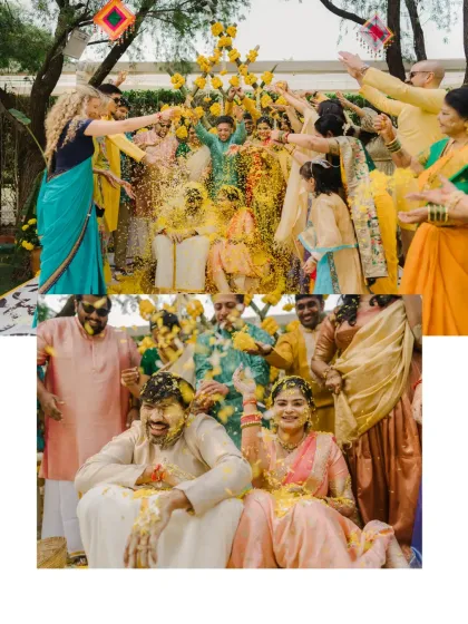 A collage showing the couple being showered with flowers by their guests, capturing the collective joy of the Haldi ceremony.