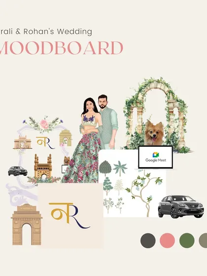 My creative process begins with a moodboard, a visual conversation where we define your unique story. For this wedding, we blended the couple's custom monogram, personal illustrations, and a soft color palette to set the tone for their entire celebration.