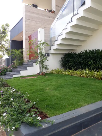 A clean and simple landscape design for a modern home, featuring a perfect lawn next to an external staircase. Low-lying border plants define the edge of the lawn.