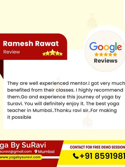 Ramesh Rawat highly recommends our classes, calling our instructor the best yoga teacher in Mumbai for making his wellness journey possible.
