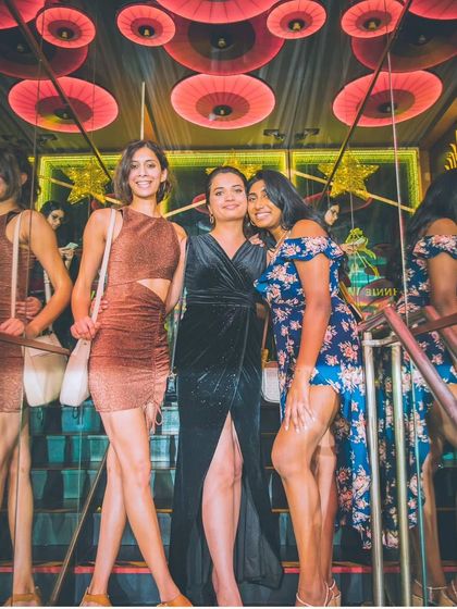 A group of friends posing on the stairs, ready for a night of retro hits.