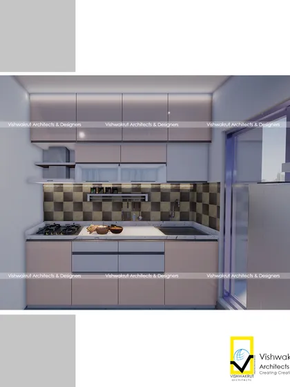 A 3D proposed design for a modular kitchen in a 1BHK apartment. The design uses a neutral color palette with a checkered tile backsplash, creating a timeless and elegant look.