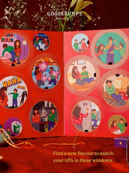 Each window in the 'Nok Jhok' box reveals a new flavour to match your tiffs. This image shows the full spread of nostalgic illustrations that make this hamper a storybook of your childhood.