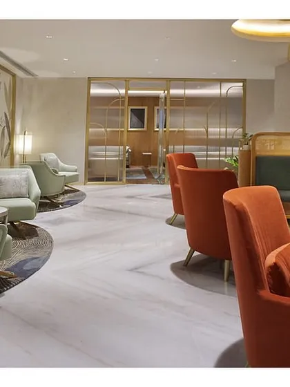 The main lounge at the 'Reserved Lounges' in Bangalore, featuring custom-designed furniture in green and rust red. The curved sofas are a key feature, providing both comfort and a sense of privacy for VVIP guests.