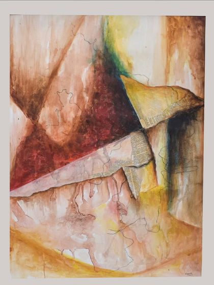 Titled "THE HOURGLASS," this mixed media on paper uses collage and abstract forms to explore the passage of time. It's available for purchase.