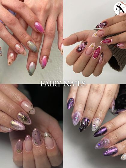 "Fairy nails" are all about ethereal and magical designs. This collage showcases nails with iridescent finishes, delicate charms, 3D florals, and dreamy color combinations.