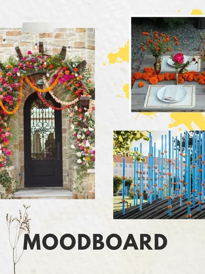 More inspiration for the 'Rajasthani Folklore' theme, focusing on the floral archways and the use of marigolds in table settings.