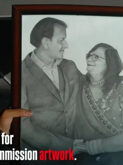 The finished A3 portrait, framed and ready to be gifted. Seeing the artwork in a frame shows how it can become a centerpiece in a home.