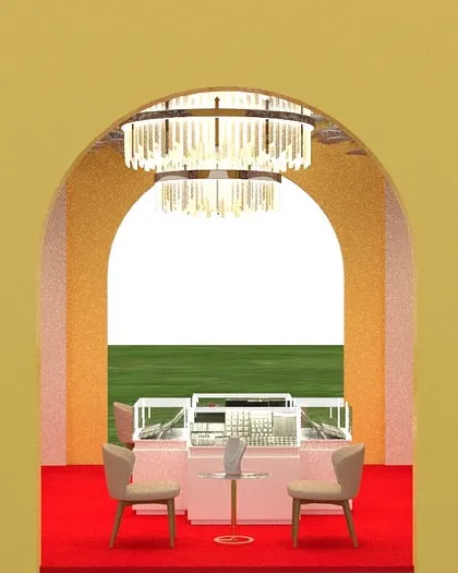 This front-on view highlights the symmetry of the design. The central chandelier acts as a focal point, drawing attention to the main display counter, while the branded pillars frame the entrance.
