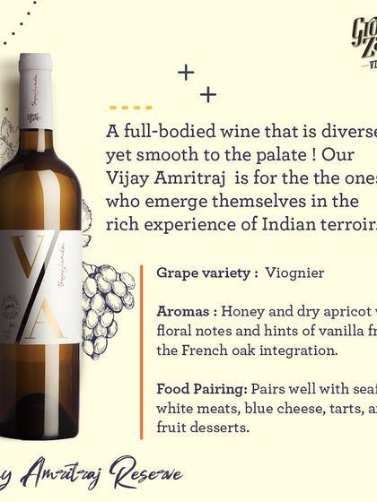 For our white wine aficionados, this infographic details our full-bodied Vijay Amritraj Reserve. Made from Viognier, it has notes of honey, dry apricot, and vanilla from French oak.