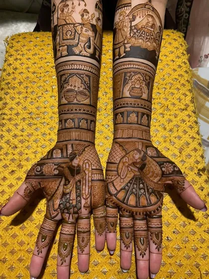 A full view of the baraat and doli design, showing how the story unfolds across both arms.