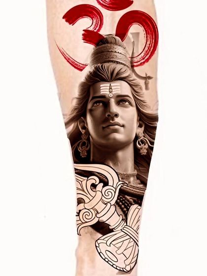 A design concept for a Mahadev tattoo, featuring a realistic portrait, his Trishul, and the Om symbol brushed in red. This shows how I can create a custom piece based on your ideas.