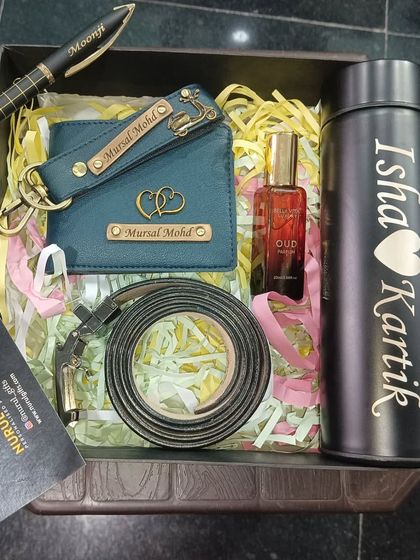 Another look at the grand hamper, showcasing the beautiful arrangement and the variety of personalized items.