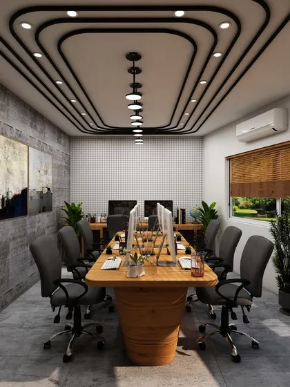 A full view of the collaborative room, showing the symmetry of the layout and the striking effect of the custom ceiling light installation. This space is perfect for team meetings and brainstorming sessions.