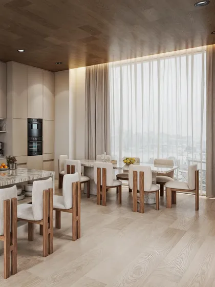 A "failed project" that still showcases high-quality rendering. This kitchen and dining space features a minimalist design with a neutral palette and natural wood tones.