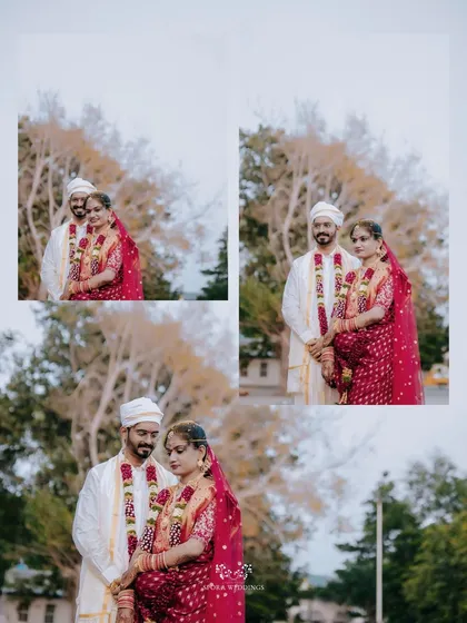 A collage of the couple in their traditional wedding attire, capturing their portraits in an outdoor setting.