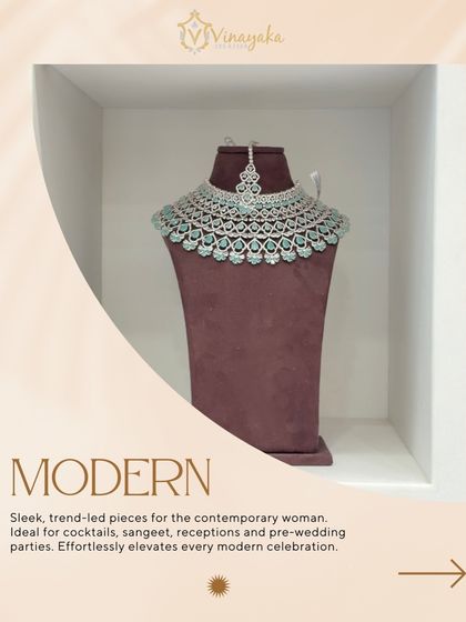 This modern, sleek diamond-look necklace is for the contemporary bride. The clean design and sparkling AD stones make it ideal for cocktails, sangeet nights, or reception parties.