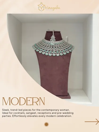 This modern AD stone choker set with a mint green finish is ideal for contemporary brides. It's a sleek, trend-led piece perfect for cocktail parties, sangeet, or reception events.
