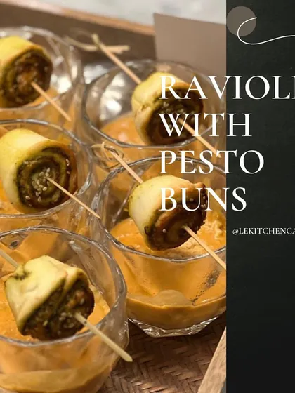 Our signature Ravioli with Pesto Buns, a unique and much-loved dish that combines Italian pasta with a creative twist.