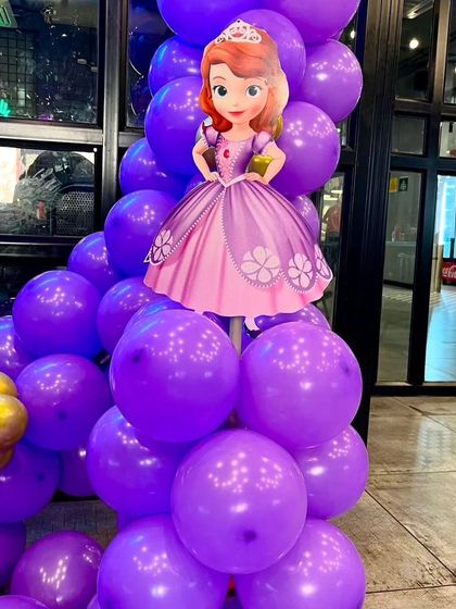 A close-up of a Princess Sofia balloon column, a great addition to any princess-themed party.