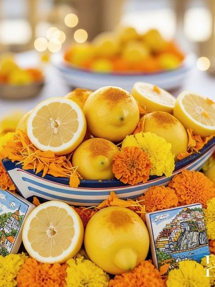 A close-up of the charming boat centerpiece, filled with lemons and marigolds, with bokeh lights in the background. This detail is whimsical and beautifully executed.