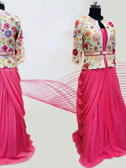 A composite image showing the front and back of the pink gown with the embroidered jacket, highlighting the full ensemble.