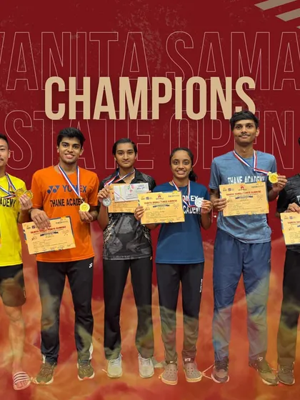 A group of our state-level champions from the Vanita Samaj Open State Tournament, where we won titles in Men's Singles and Men's Doubles.