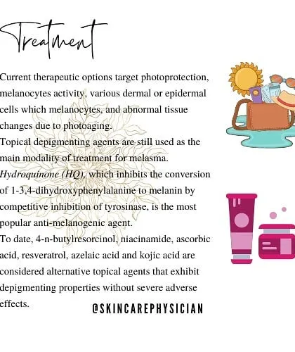 The treatment of melasma involves targeting melanocyte activity and protecting the skin from the sun. This slide highlights some of the most popular and effective topical agents used in dermatology.