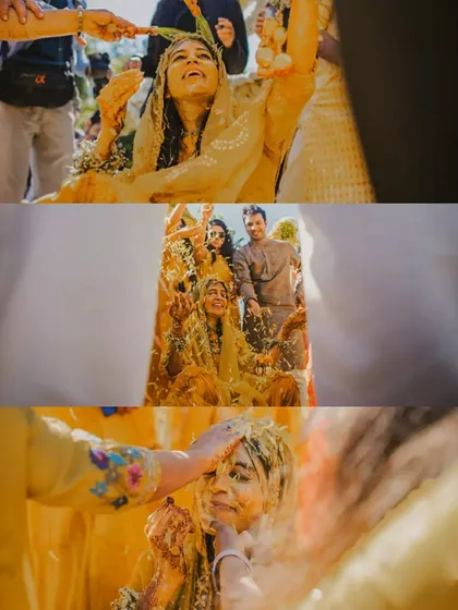 A collage of the bride's Haldi ceremony, capturing her joy as she is covered in turmeric and flower petals.