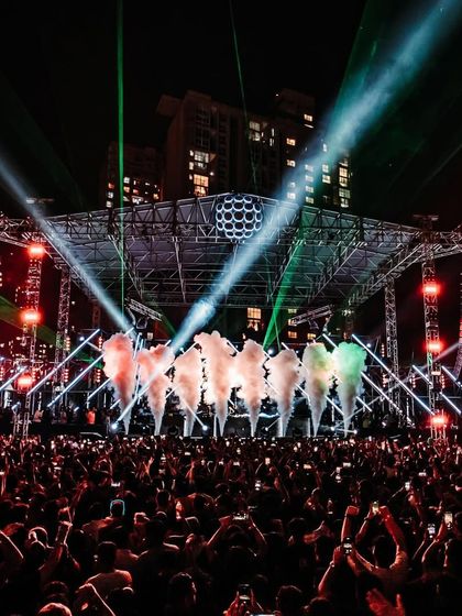 The full stage production for Boris Brejcha, with lasers and smoke creating a stunning visual spectacle.