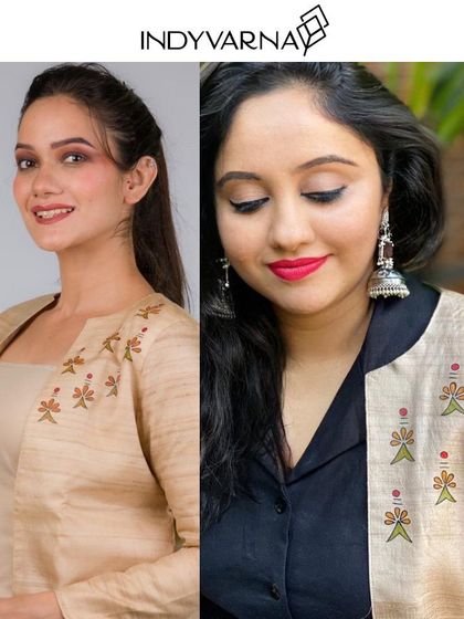 A side-by-side look at how a single, beautifully crafted piece like this hand-painted blazer can be styled. It's about creating a wardrobe that is both unique and versatile for the modern professional woman.