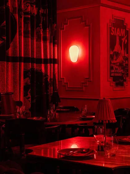 A close-up of a dining table, showing the interplay of light and shadow on the rich, textured surfaces.