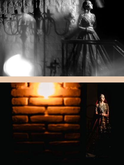 A creative collage of bridal portraits, one in color and one in black and white, both using dramatic lighting and shadows.